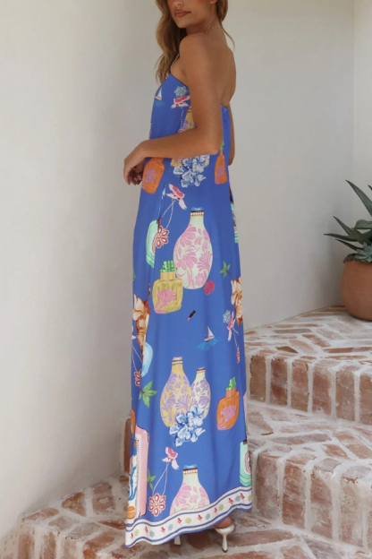 Linen Blend Perfume Bottle Print Sleeveless Off-shoulder Casual Pocket Vacation Maxi Dress