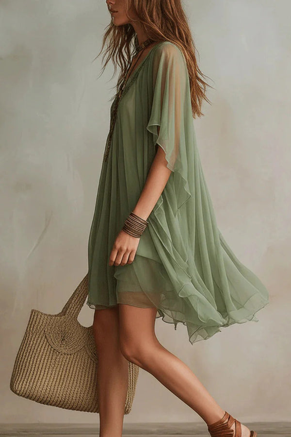 V-neck Chiffon Loose-fitting Cover-up Beach Dress-Consonak