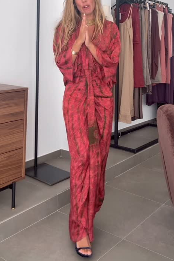 Unique Printed V-neck High-waisted Loose-fitting Holiday Maxi Dress | Consonak