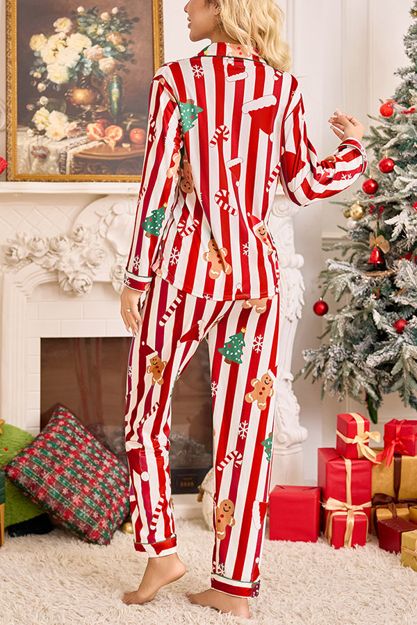 Color-blocked Striped Christmas Print Casual Long-sleeved Shirt and Elastic Waist Pants Set-consonak