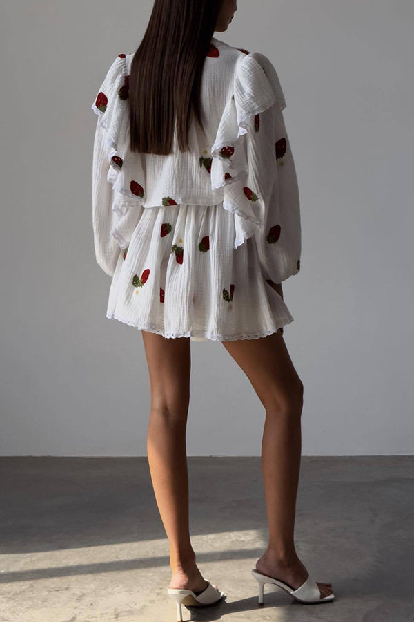 Ranier Cotton Linen Blend Strawberry Print Ruffle Blouse and Elastic Waist Mini Skirt Set-consonak