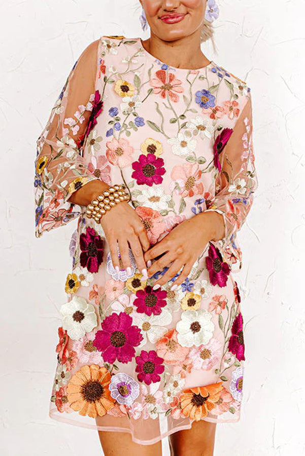 Dahlia Dreaming Embroidered Floral Applique Half Sleeve Mini Dress | Consonak