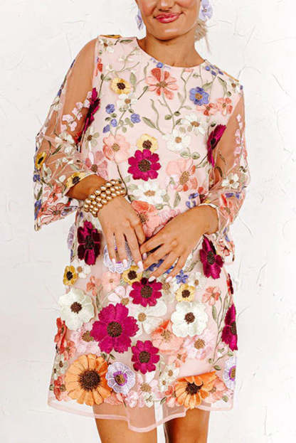 Dahlia Dreaming Embroidered Floral Applique Half Sleeve Mini Dress-consonak