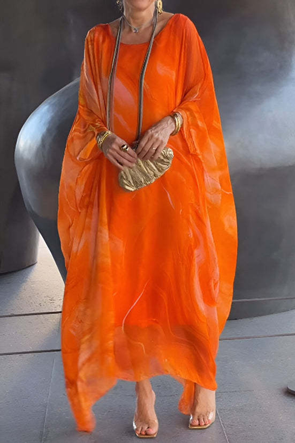 Unique Printed Crew Neck Loose Resort Style Maxi Dress-consonak