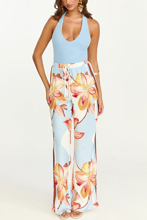 Shades of Cornflower Printed Bandeau Crop Scarf Top and Elastic Waist Pocket Wide Leg Pants Set