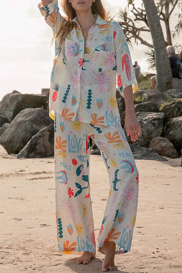 Abstract Sea Creature Print Button Pockets Elastic Waist Pant Suit-consonak