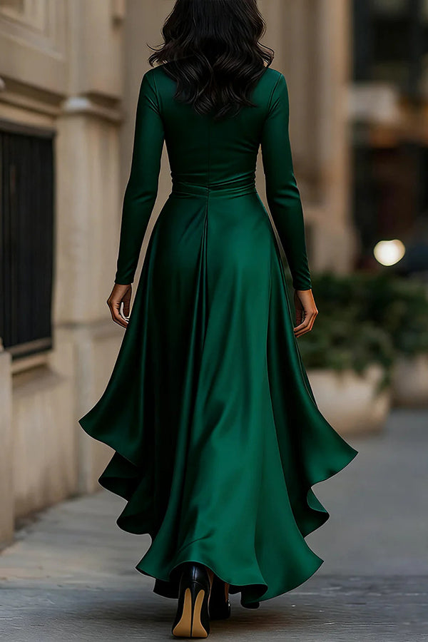 Solid Color Satin V-neck Long-sleeved Elegant Ruffled Maxi Dress | Consonak