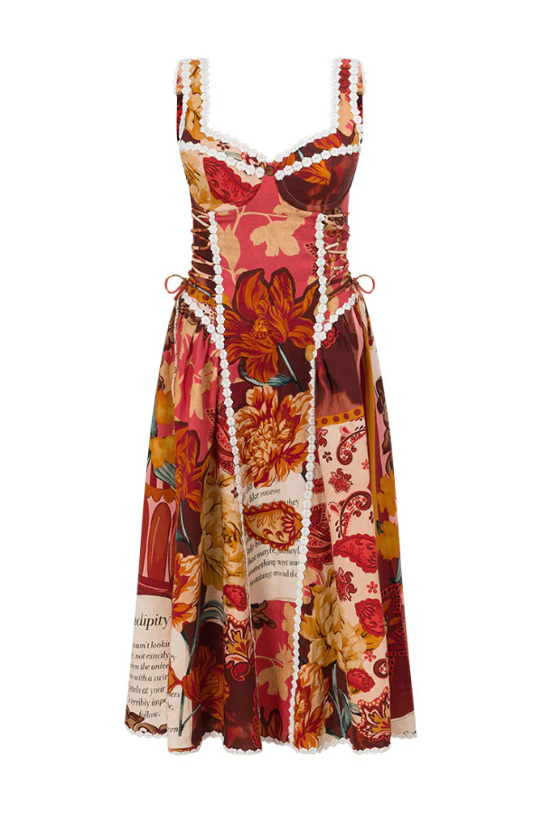 Unique Printed Floral Trim Suspender Side Tie Vacation Midi Dress