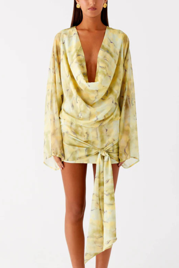Tie-dye Print V-neck Long-sleeved Ribbon Vacation Mini Dress-consonak