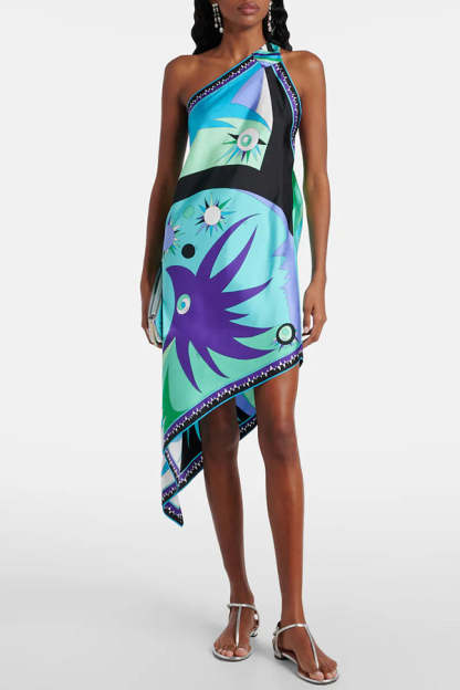 Naughty Lady Satin Unique Print One Shoulder Irregular Hem Vacation Midi Dress-consonak