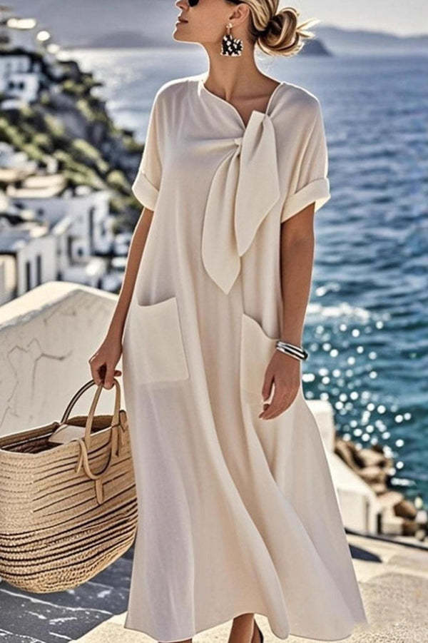 Solid Color Casual Short-sleeved Tie Round Neck Loose Pocket Mid-length Dress-consonak