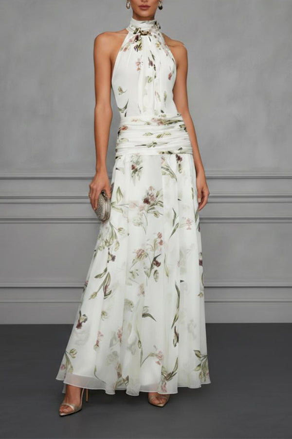 Aria Ruched Halter Floral Dress-Consonak