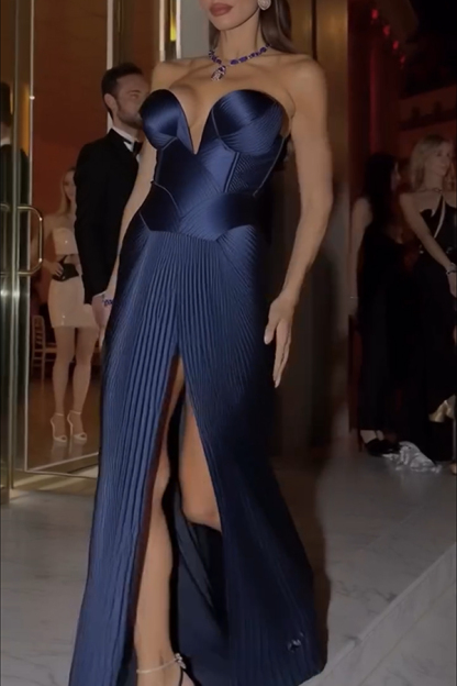 Stunning The Audience Plissé Satin Off Shoulder Drape Slit Gown Maxi Dress-consonak