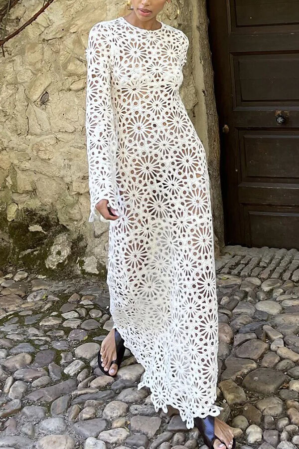 Easy Resort Knit Crochet Cutout Long Sleeve Reversible Vacation Maxi Dress
