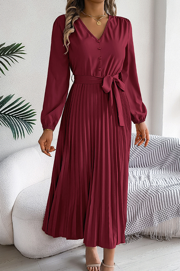 Solid Color Elegant V-neck Buttoned Lace-up Pleated Maxi Dress-consonak