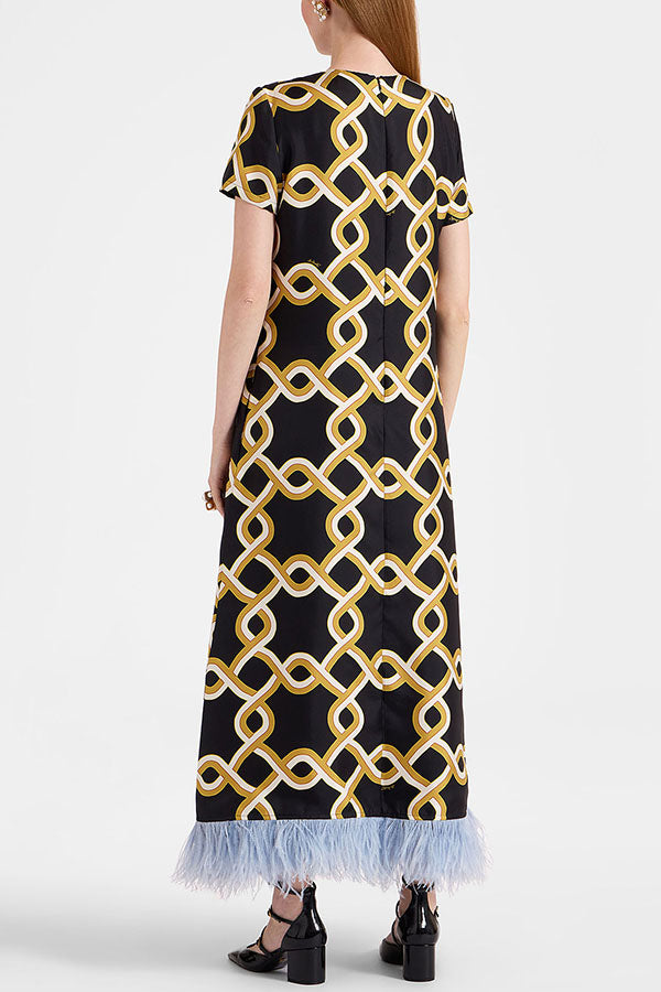 Annalisa Satin Court Style Contrast Color Printed Short Sleeve Pocket Feather Trim Maxi Dress-Consonak