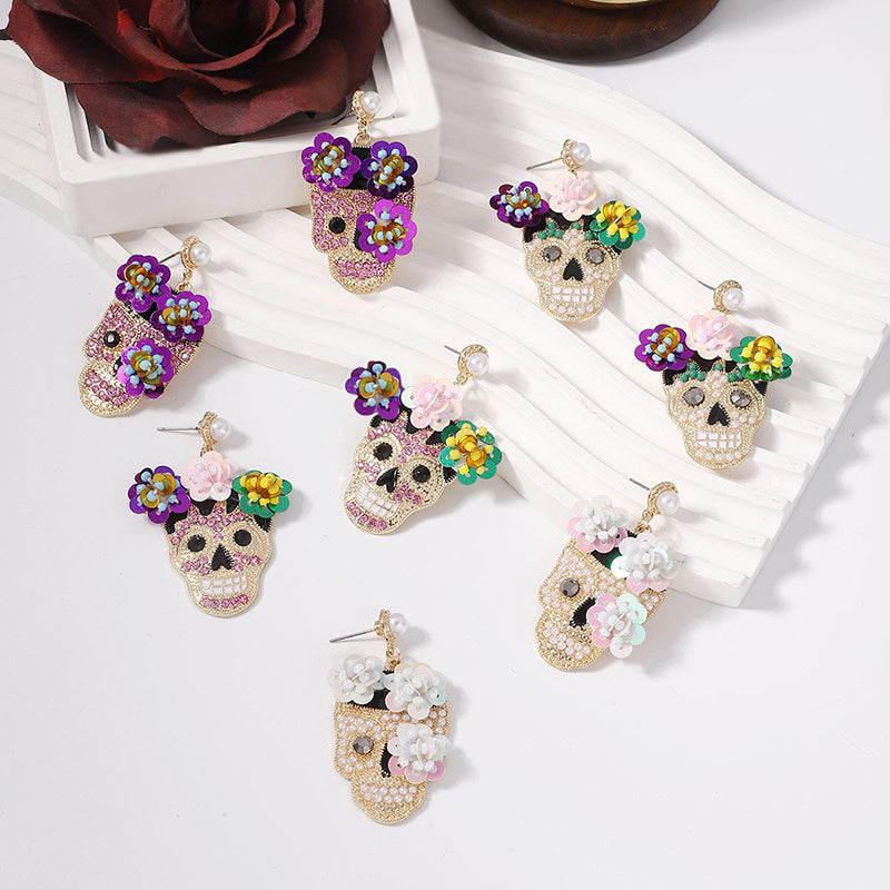 Fashion Flower Skull Diamond Earrings-consonak