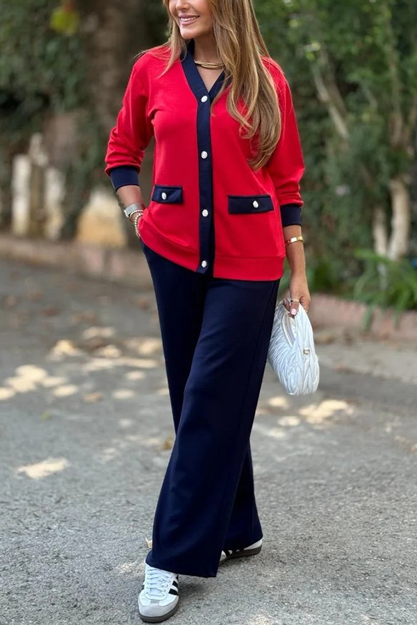 Stylish Color-blocked V-neck Knitted Button-down Cardigan and Elastic Waist Casual Wide-leg Pants Set-consonak