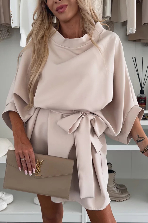 Solid Color Loose Round Neck Belted Mini Dress | Consonak