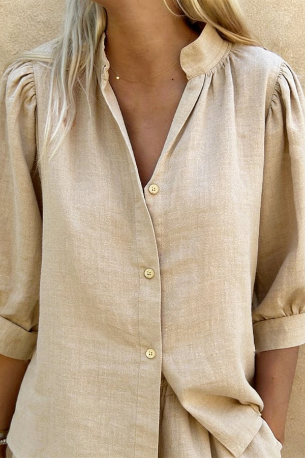 Linen Blend V-neck Puff Sleeve Shirt and Elastic Waist Loose Pocket Shorts Set-consonak
