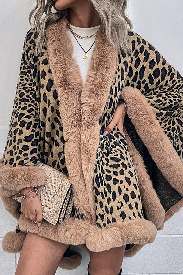 Leopard Print Fashionable Raw Edge Shawl Cape Cardigan-consonak