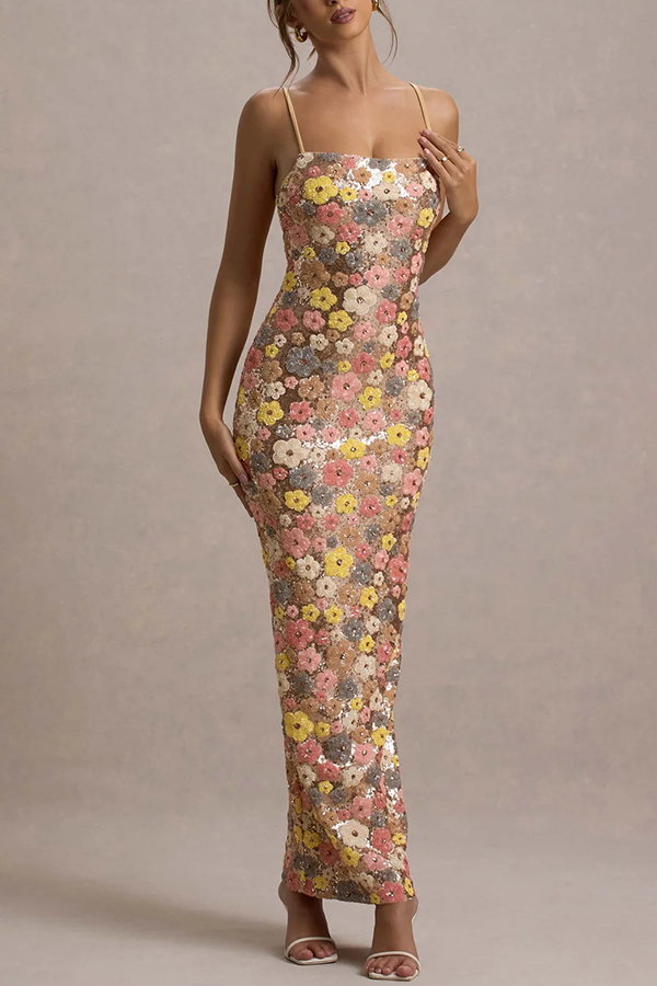 80's Inspired Floral Print Sequin Square Neck Slip Stretch Maxi Dress | Consonak