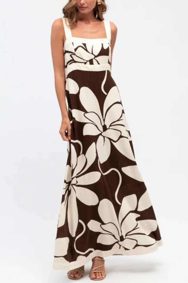 Color-blocked Floral Print Square Neck Sleeveless Casual Maxi Dress | Consonak
