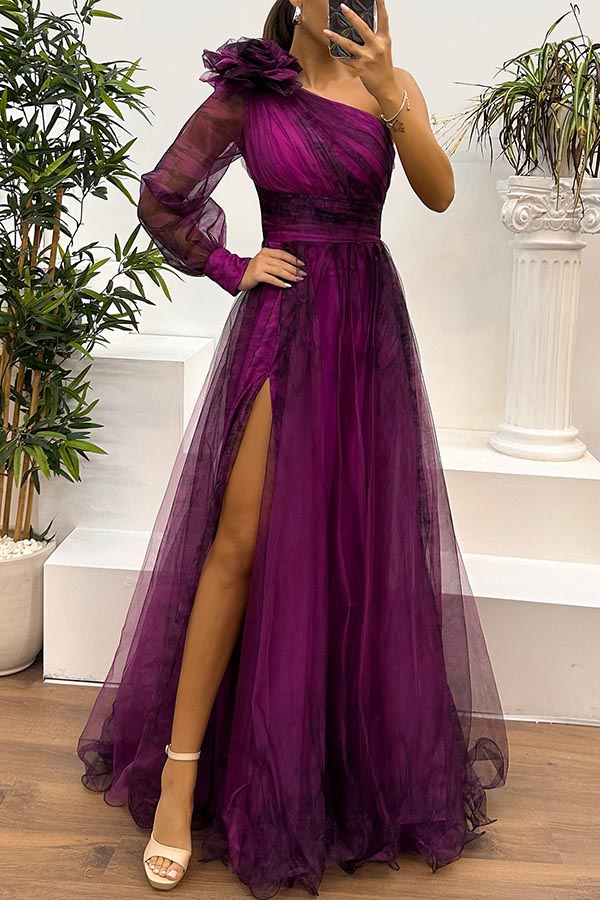 Guest List Tulle Printed Flower Pendant One Shoulder Pleated Slit Maxi Dress-consonak