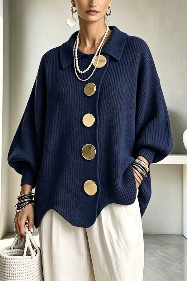 Shelia Knit Oversized Metal Buckle Balloon Sleeve Lapel Cardigan-Consonak