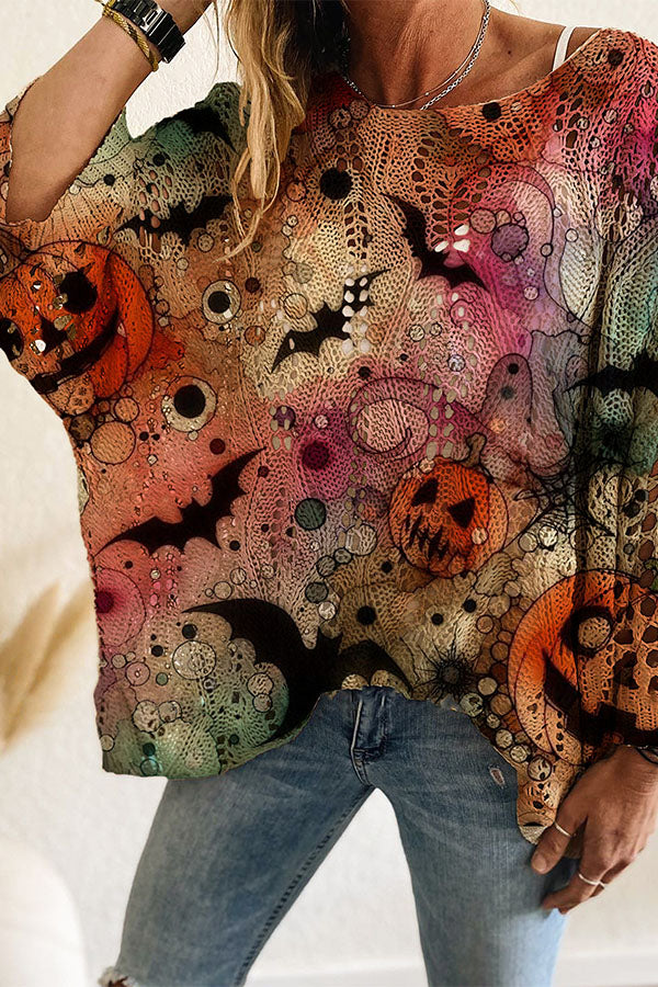 Halloween Pumpkin & Bat Hollow Out Knit Oversized Sweater-Consonak