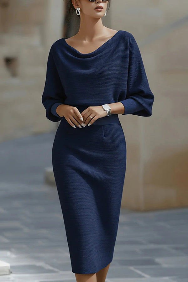 Solid Color Batwing Sleeve Fitted Waist Elegant Midi Dress | Consonak