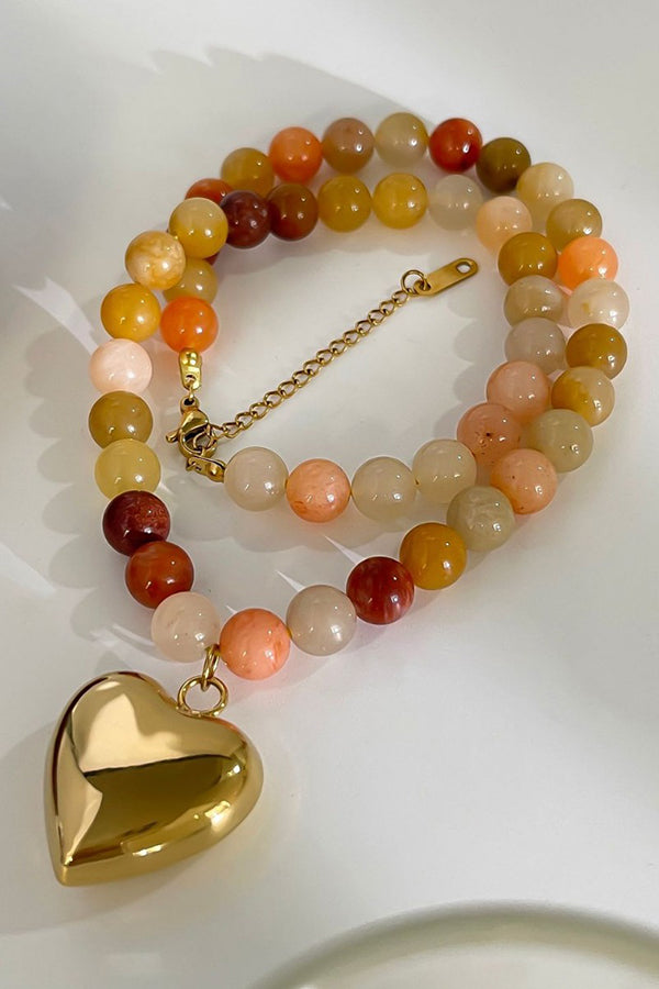 Multicolor Mixed Beaded Heart Pendant Necklace-consonak