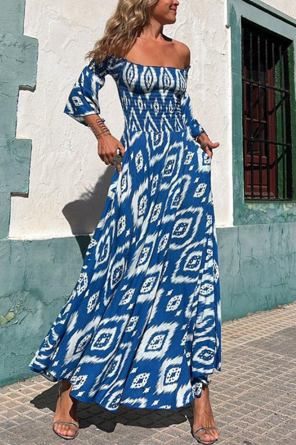 Street vacation style ethnic print off shoulder pocket long skirt-consonak