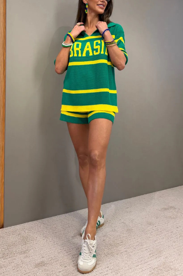 World Cup-themed Jacquard V-neck Short-sleeved Loose-fitting Top and Casual Stretch Shorts Knit Set