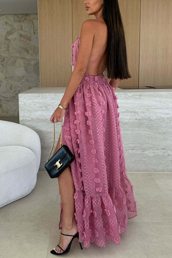 Gloria Embroidery Flowers Elastic Waist Halter Backless Slit Maxi Dress-consonak