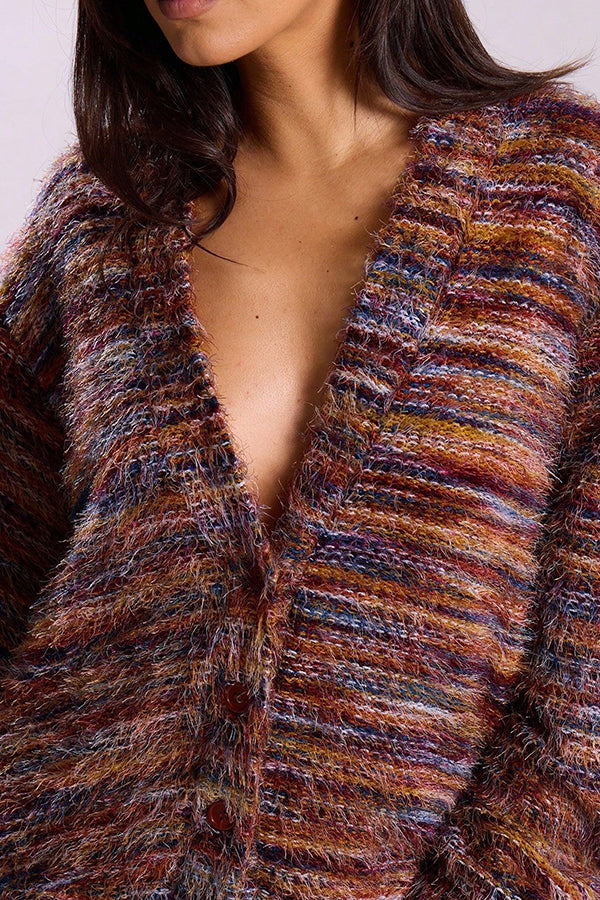 Fashionable Mixed Color Loose V-neck Casual Knit Cardigan-consonak
