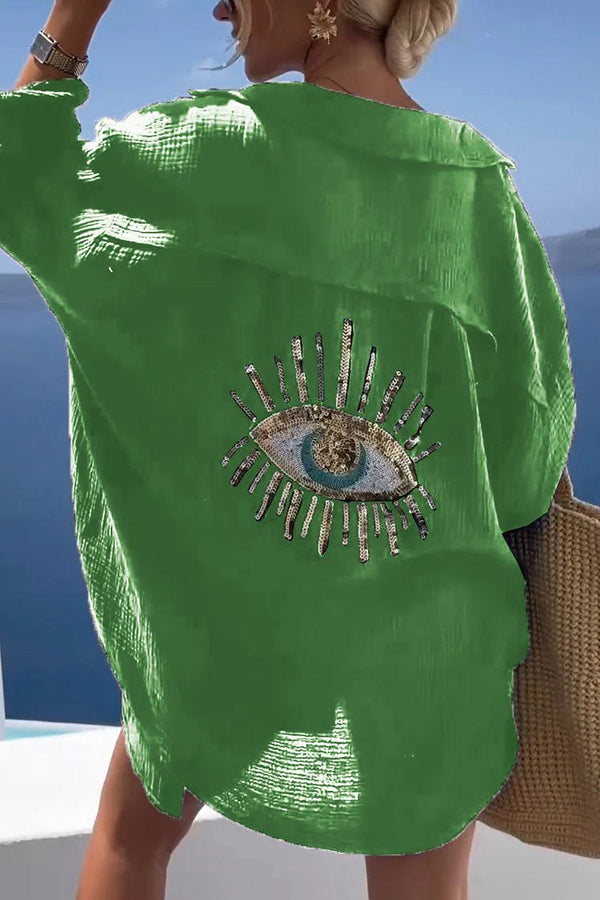 Summer Breeze Linen Blend Sequin Magic Eye Desig Oversized Relax Shirt | Consonak