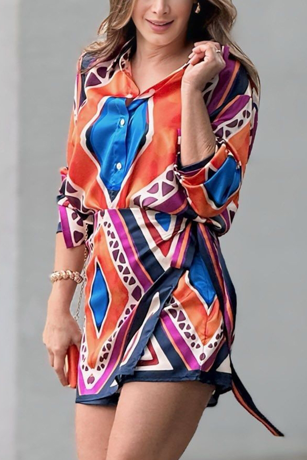 Seville Unique Printed Long Sleeve Shirt and Wrap Tie-up Mini Skirt Set-consonak