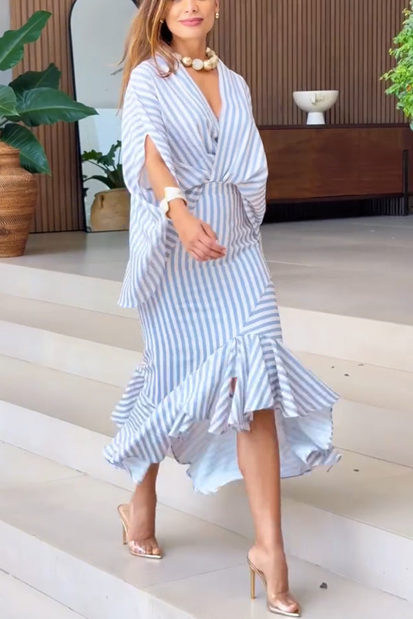 Tierra Striped V-neck Batwing Sleeve Loose Shirt and High Waist Irregular Fishtail Hem Midi Skirt Set-consonak