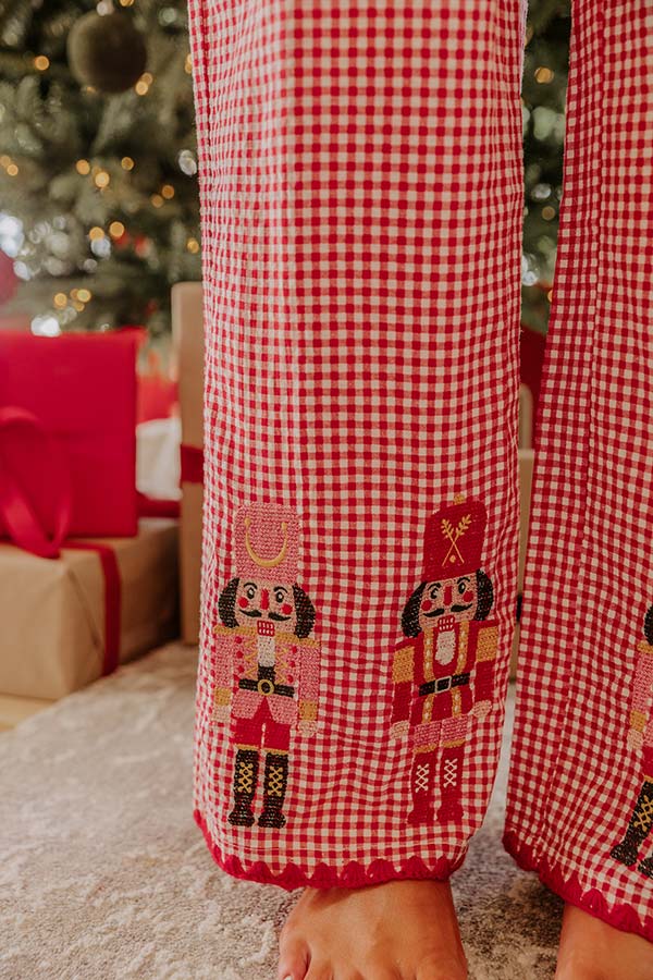 Nutcracker Charm Embroidered Gingham Loose Shirt and Elastic Waist Pajama Set-consonak