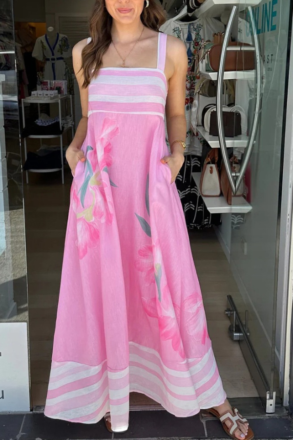 Floral Print Sleeveless Square Neck Casual Pocket Holiday Maxi Dress