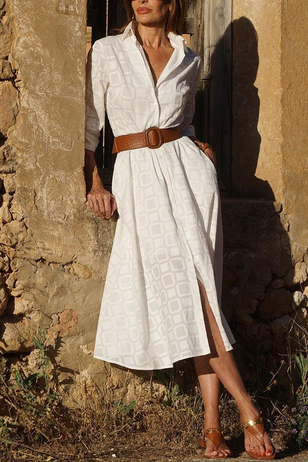 Check Print Belt Button Pocket Long Sleeve Midi Dress-consonak