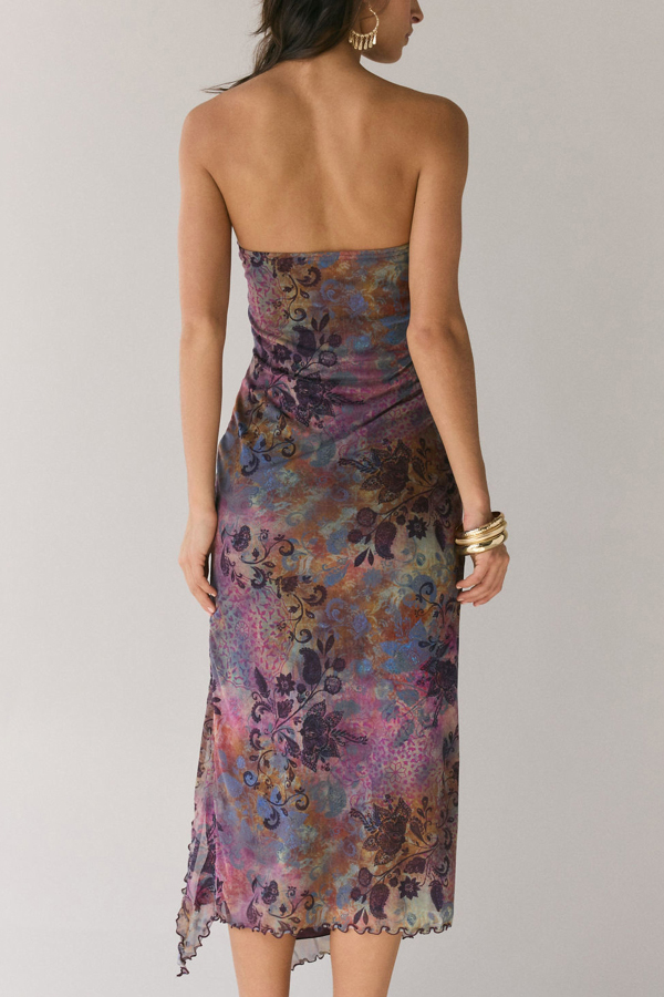 Mesh Tie-dye Slit Strapless Maxi Dress | Consonak