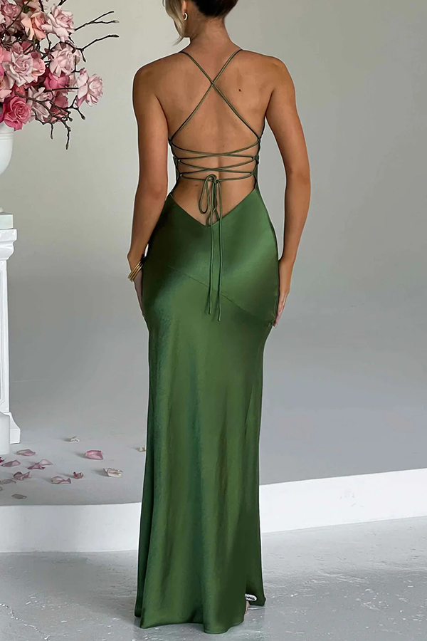 Satin Solid Color Sexy Backless Lace Up High Slit Maxi Dress-consonak