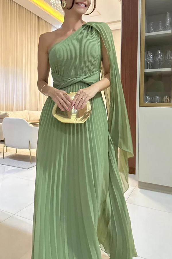 Kate Pleated One Shoulder Drape Sleeve Twist Waist Maxi Dress-consonak