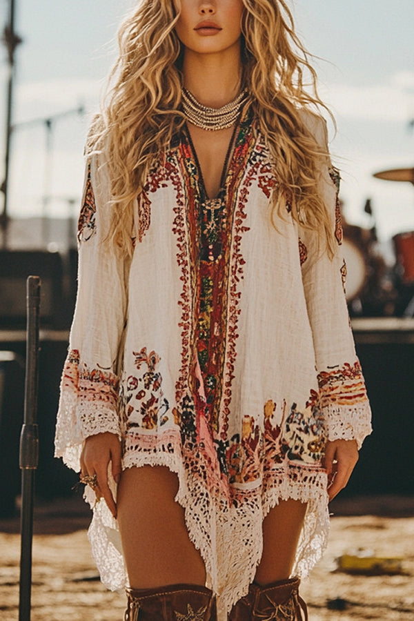 Unique Printed Ethnic-style V-neck Long-sleeved Loose Mini Dress-consonak