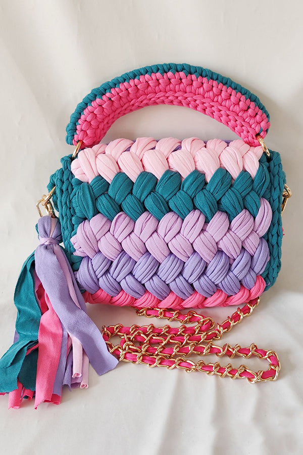 Contrast Color Stitching Braided Chain Tassel Bag-consonak