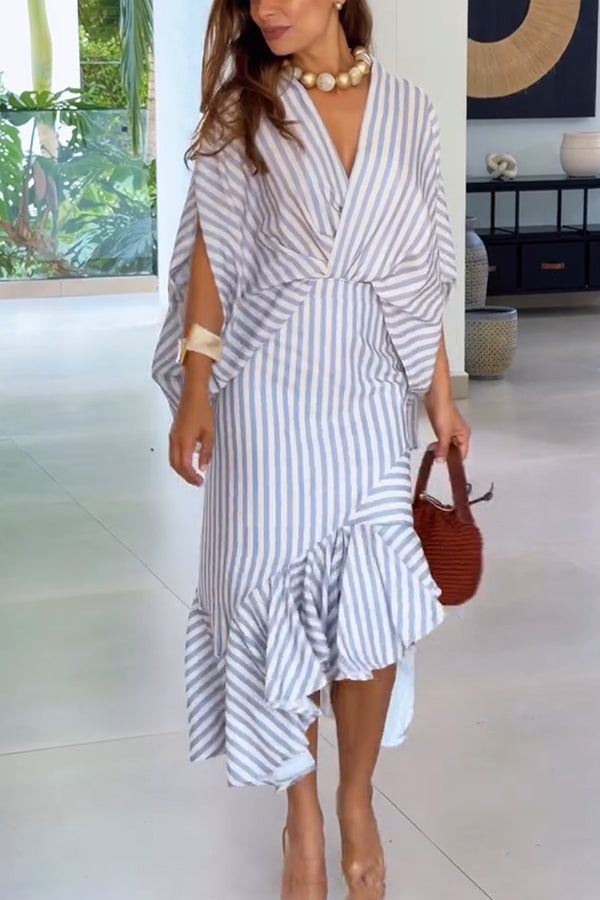 Tierra Striped V-neck Batwing Sleeve Loose Shirt and High Waist Irregular Fishtail Hem Midi Skirt Set-consonak