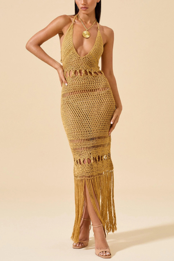 Fashionable Open-knit Backless Elegant Tassel Hem Vacation Cover-up Maxi Dress-consonak