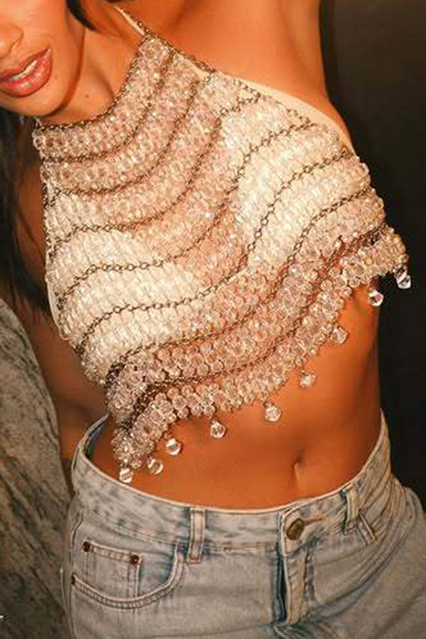 Sexy Halter Neck Transparent Bead Handmade Chest Chain Vest-consonak